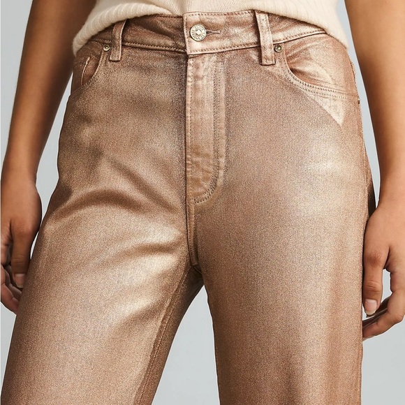 New Paige Leenah High Rise Wide Leg Jean 32 Metallic Rose Gold Simmering Coated - Picture 17 of 17